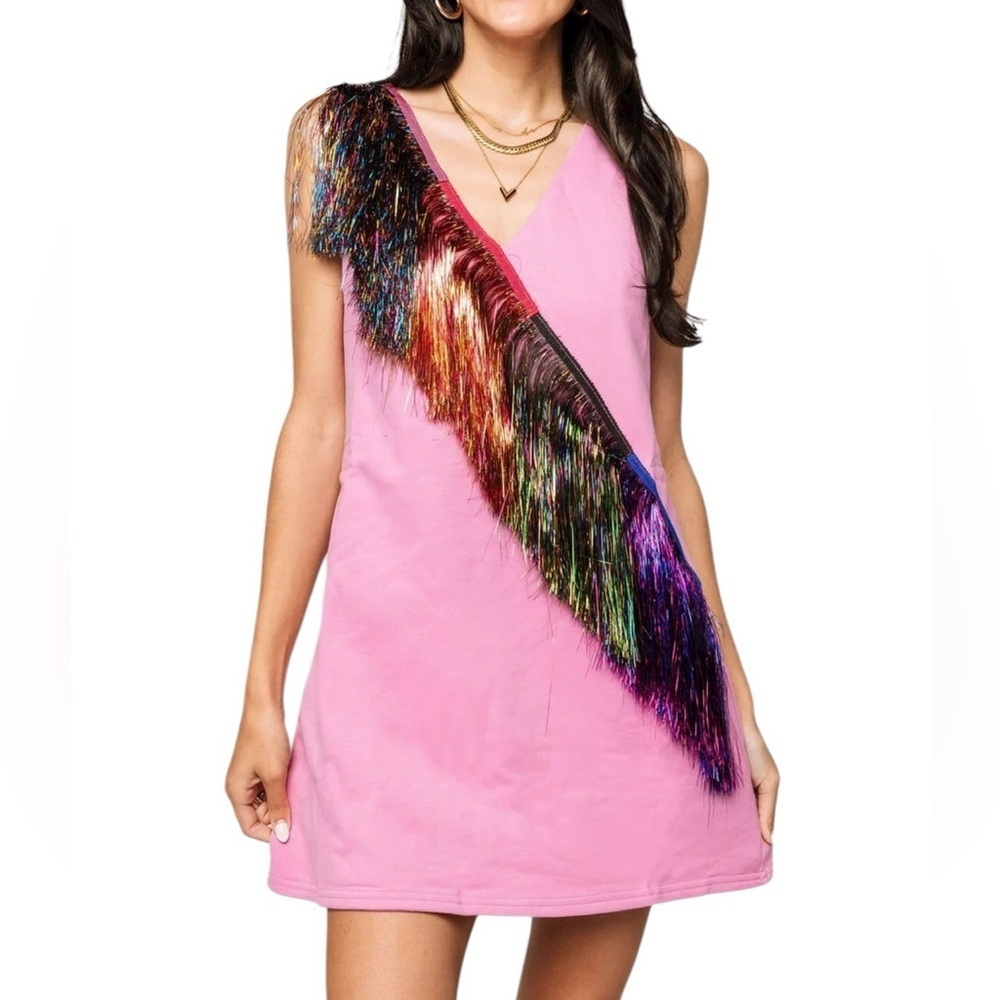 Queen of Sparkles Diagonal Metallic Fringe Dress